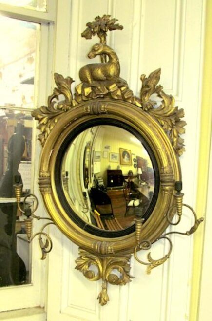 Antique American Gilt Wood and Gesso Convex Mirror Candle Sconces