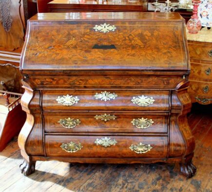 Antique Dutch Marquetry Inlaid Burr Walnut Bombe’s Shape Slope-front Bureau